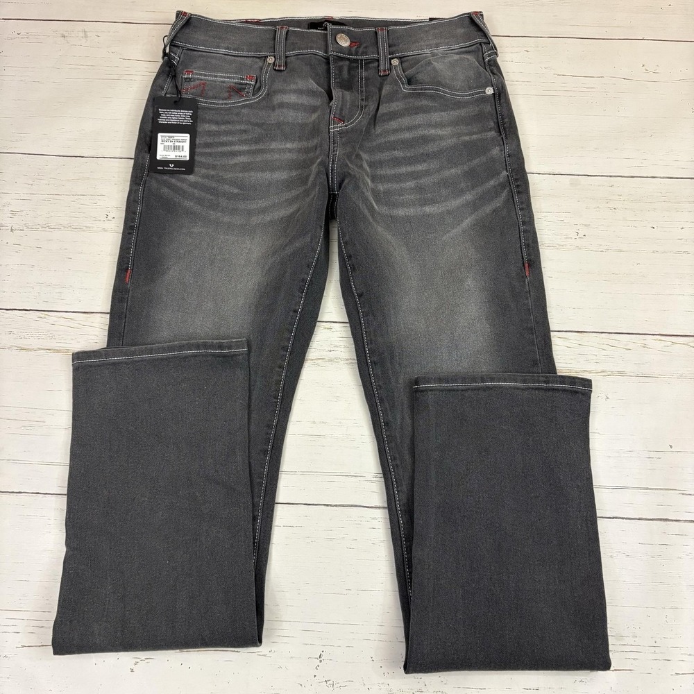 True Religion Ricky SN Straight Jeans Mens 30x32 Gray Denim Distressed Stretch